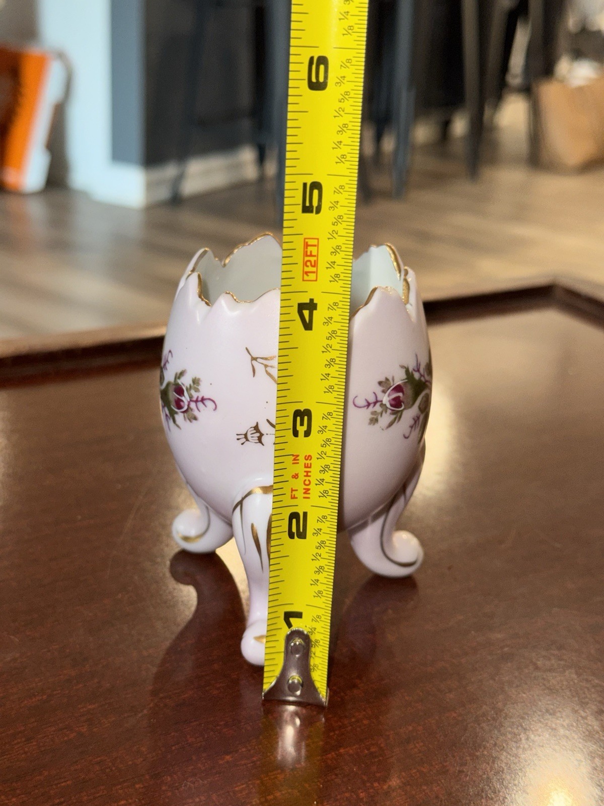 Vintage Inarco porcelain cracked egg vase with hand-painted roses and gold trim