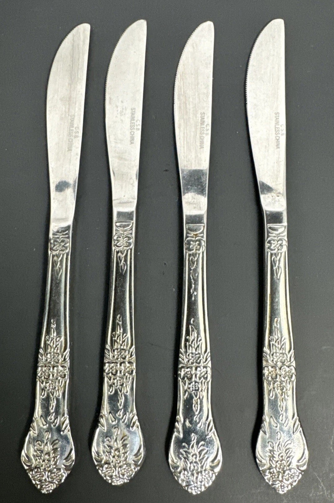 (5) Stainless Steel Knife Set Rose Floral China MARKED C.S.B. VTG