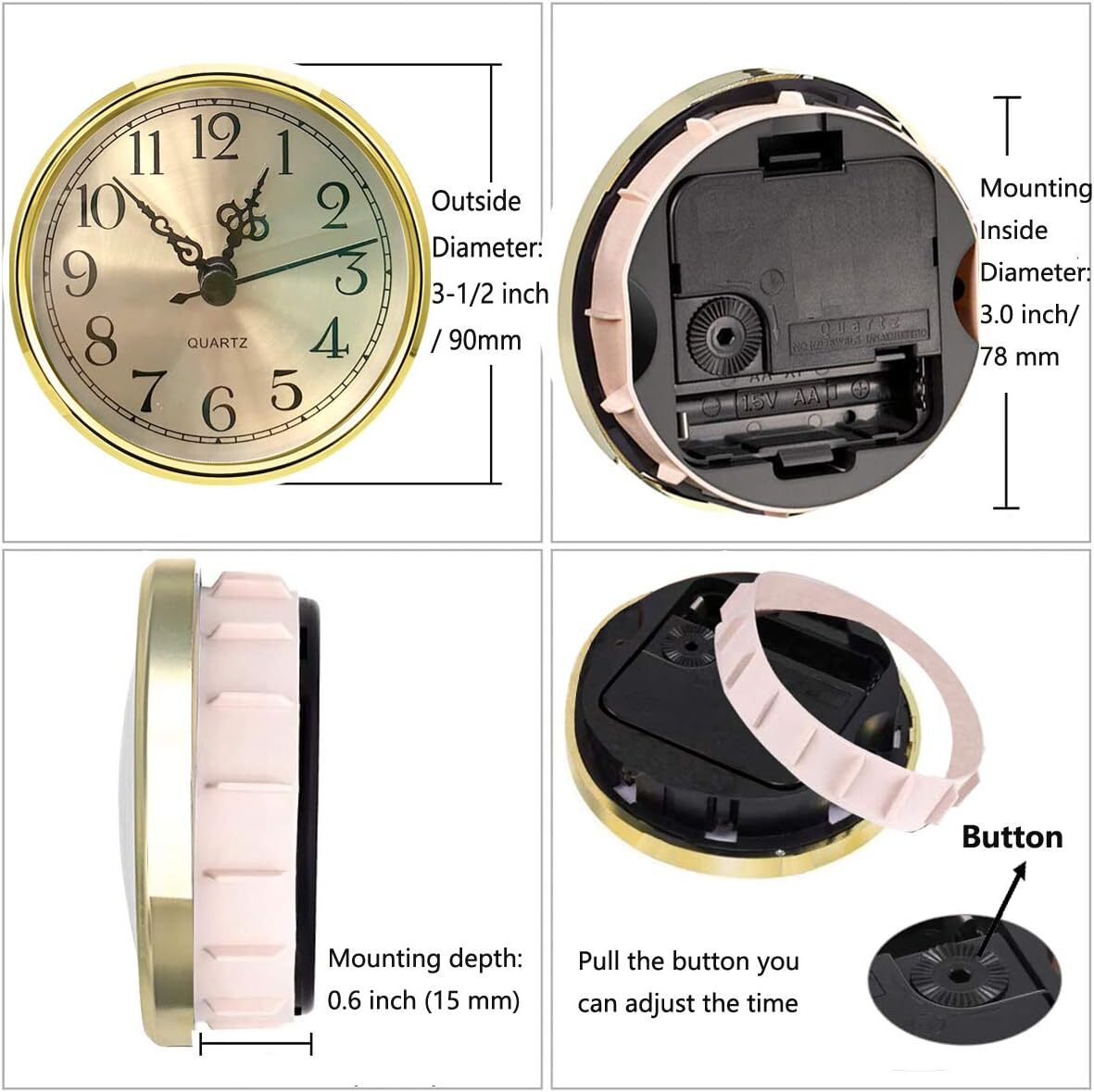 HILLHOME Mini Clock Insert 3-1/2 Inch (90 mm) Round Quartz Fit-up Gold