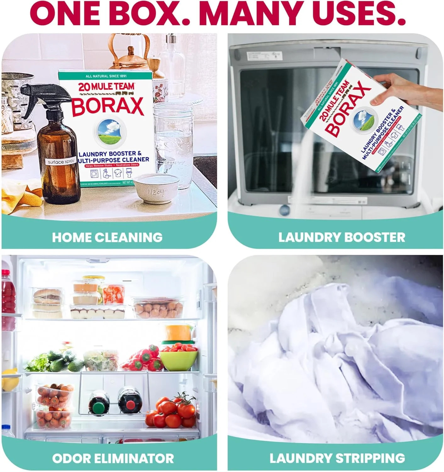 4 Count, Borax Detergent Booster & Multi-Purpose Household Cleaner, 65 Ounce