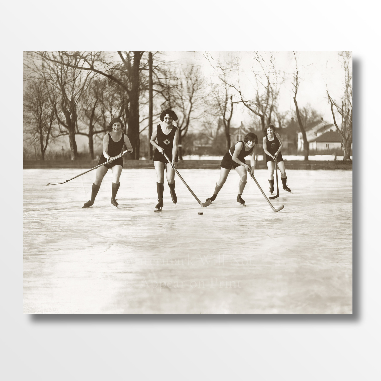 Vintage 1920s Women Ice Hockey Bathing Suit Hockey Girls Giclee Fine Art Print
