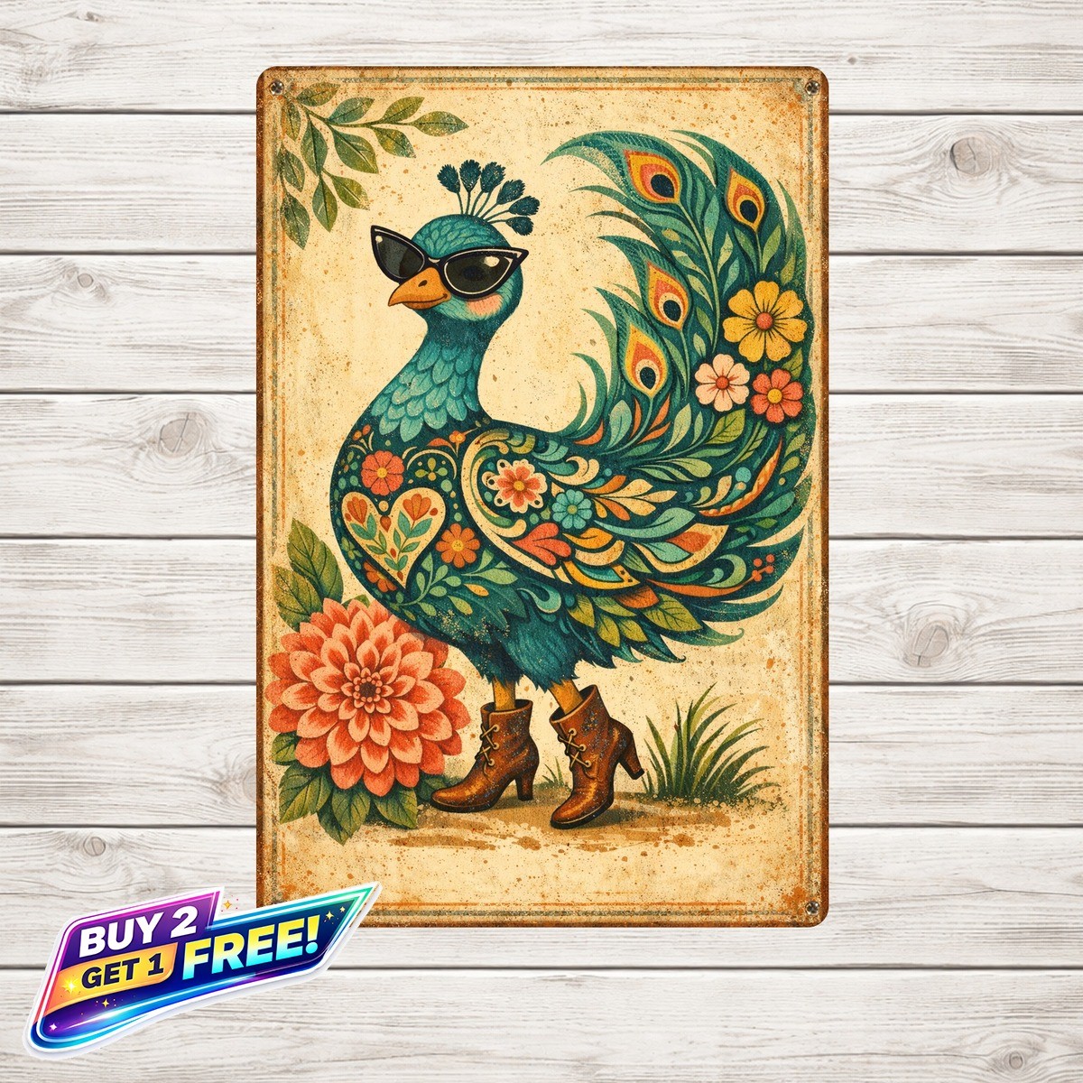 Peacock Hen Floral Boots Whimsical Farmhouse Illustration Metal Tin Sign