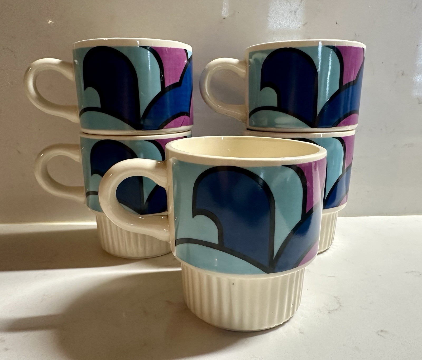 Retro Mod Ceramic Stackable 70’s Mugs Set of 5 Vintage USA Coffee Cups