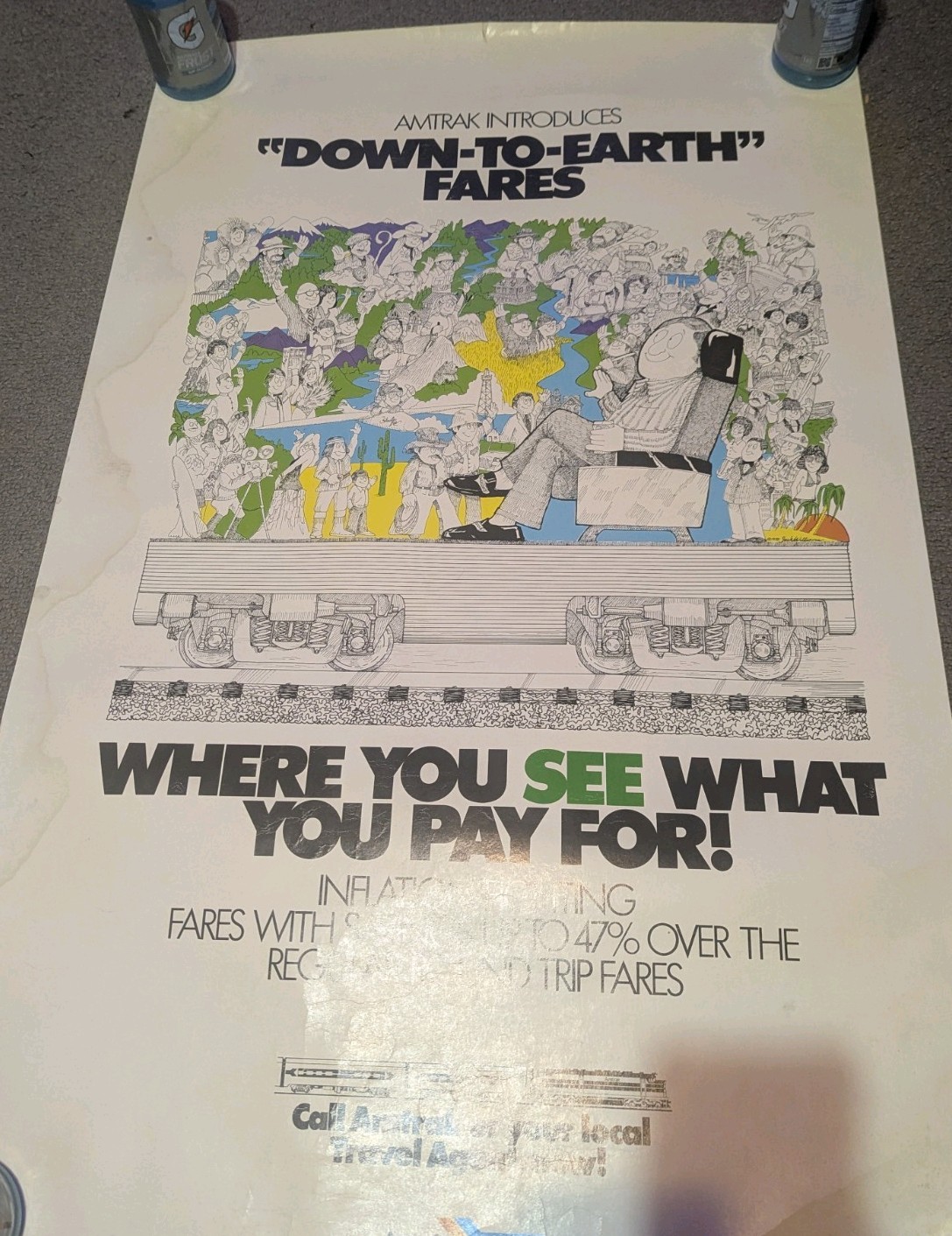 Vintage Amtrak “Down To Earth Fares” Poster. 25×40″ See Pics For Condition