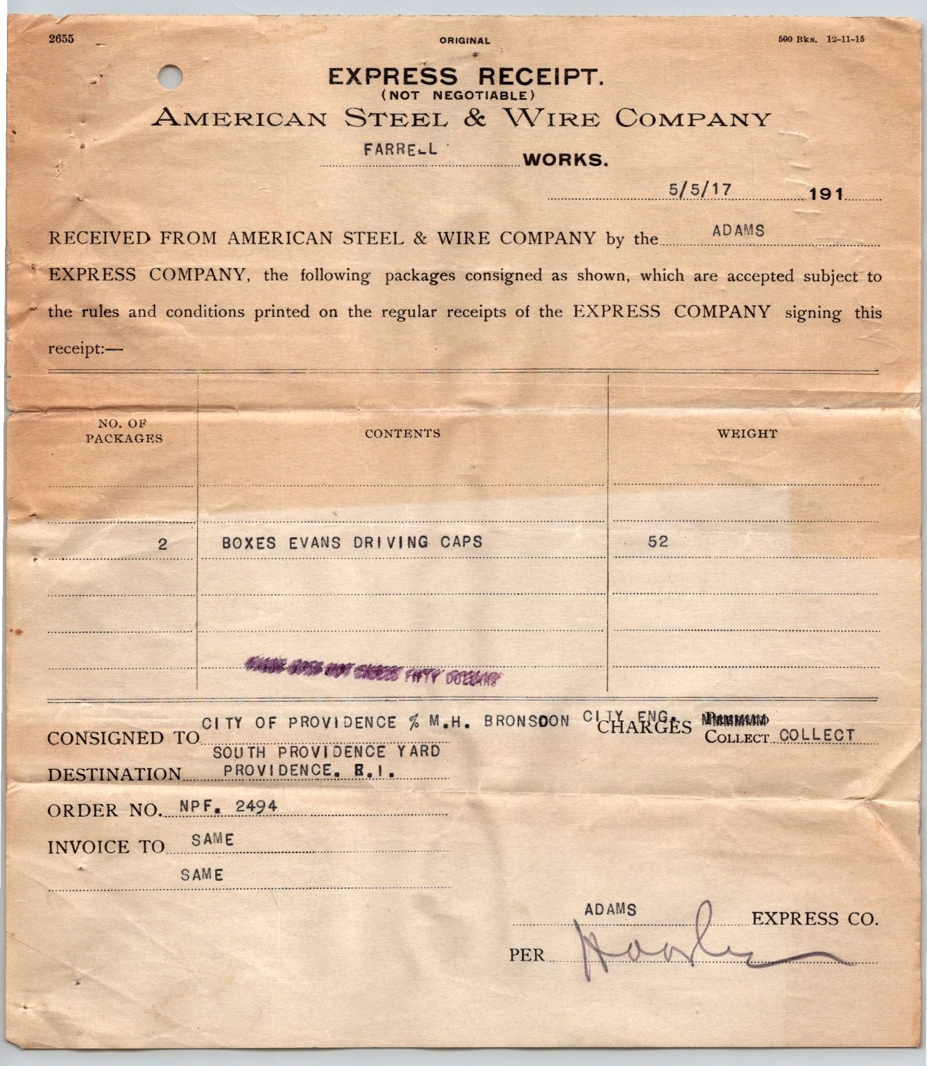 1917 American Steel & Wire Co. Express Receipt Farrell PA to Providence RI