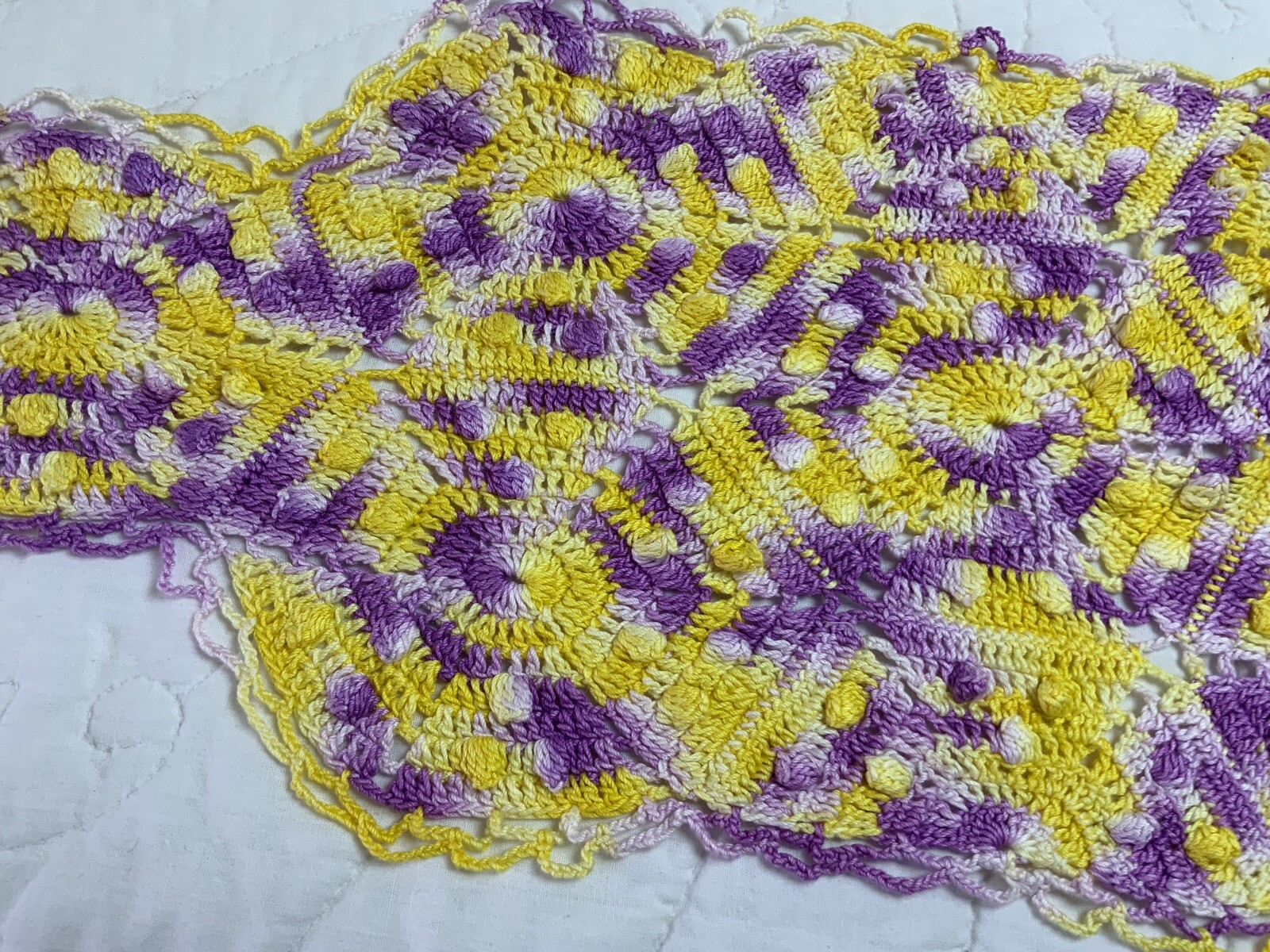 Vintage Rectangle Doily, Hand Crocheted, Pinwheel Design W/ Dots, Yellow, Purple