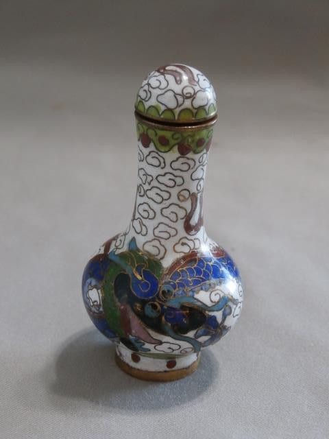 Miniature Cloisonne Blue Chinese Dragon on White Background Lift Off Lid 2 3/8″