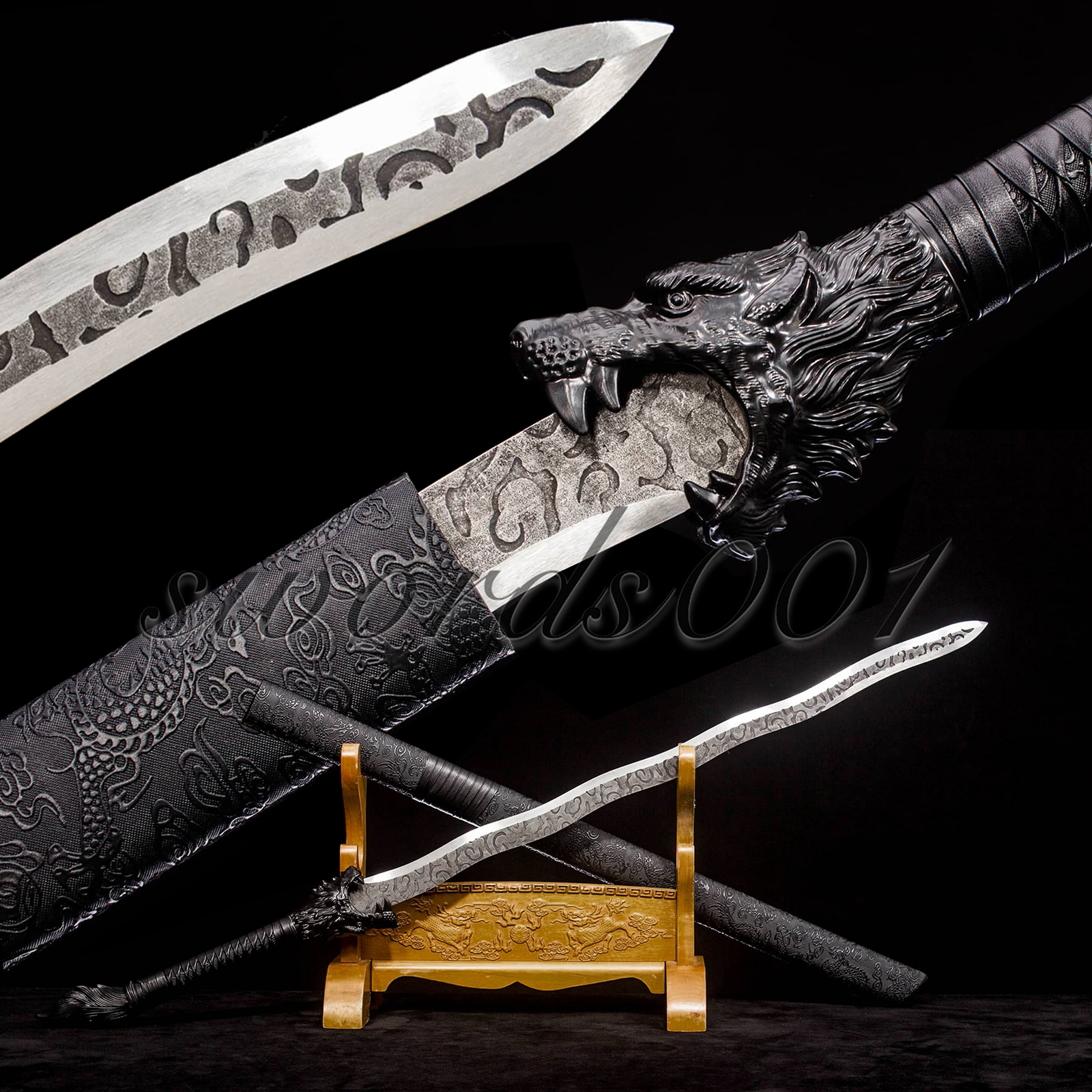 42” Black Wolf Sword Dao Martial Art Katana Kung Fu Snake Shape Blade Cosplay