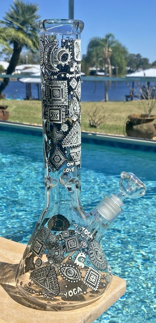 14″Glow in the Dark 7mm Glass Water Pipe Bong Beaker Ice Catcher 5.75″ Base 14mm