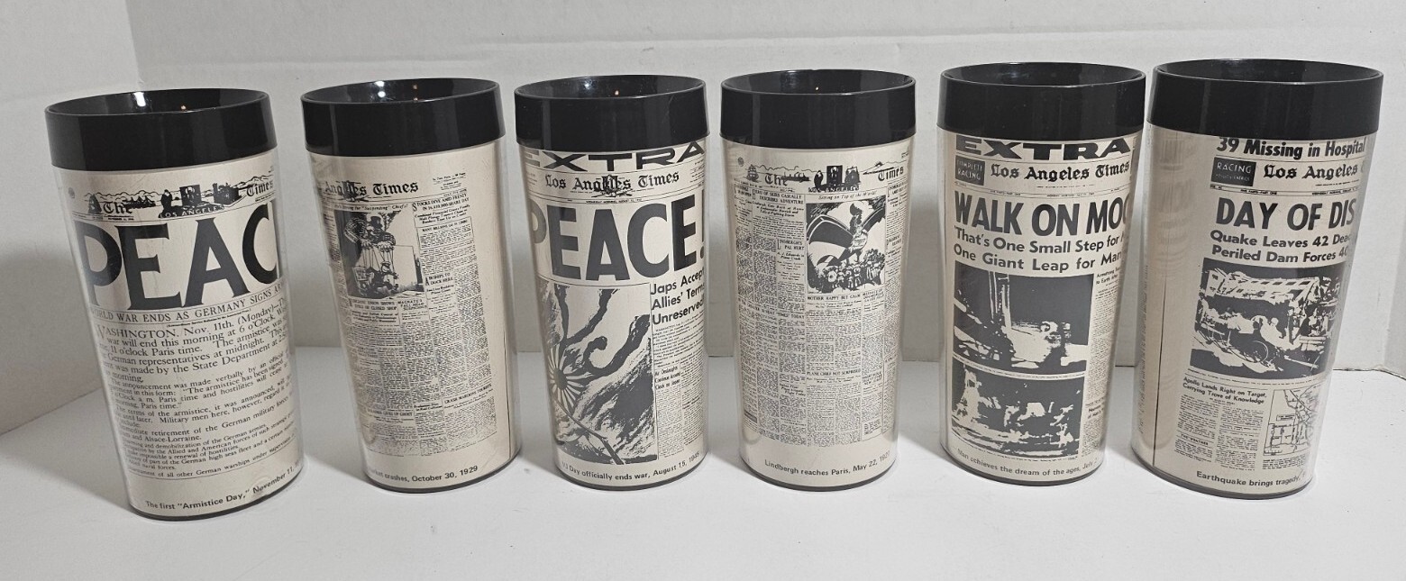 Vintage Set of 6 Thermo Serv Retro Newspaper Articles Peace & Disaster 12oz Cups