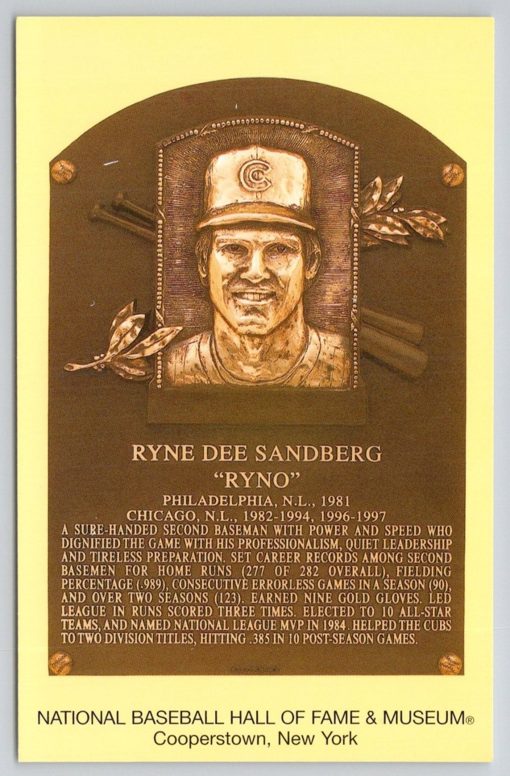 Ryne Sandberg HOF Plaque Postcard – Cooperstown National Baseball Hall of Fame
