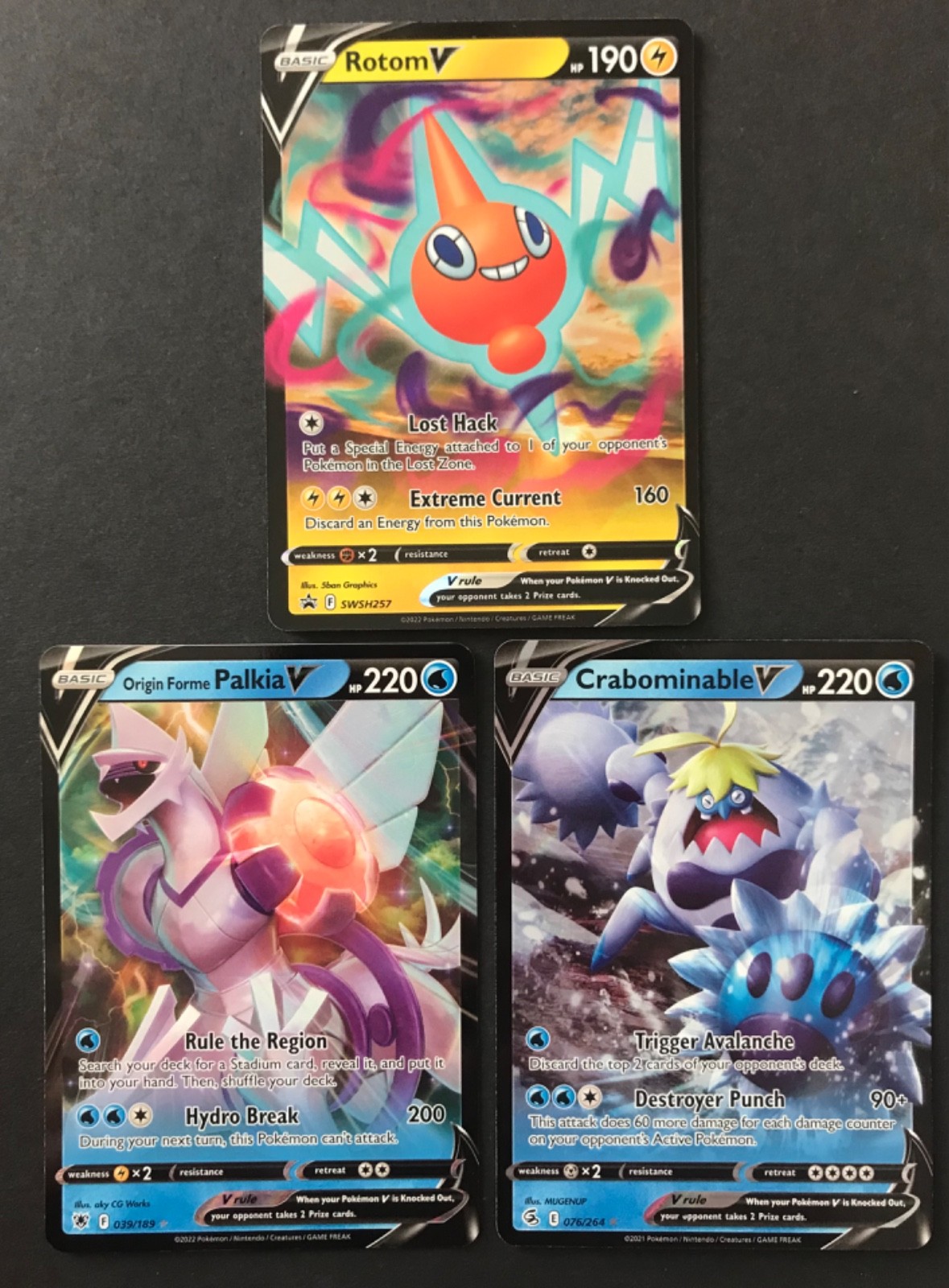 3 X V Pokemon Cards Rotom V SWSH257 Crabominable V 076/264 Palkia V 039/189