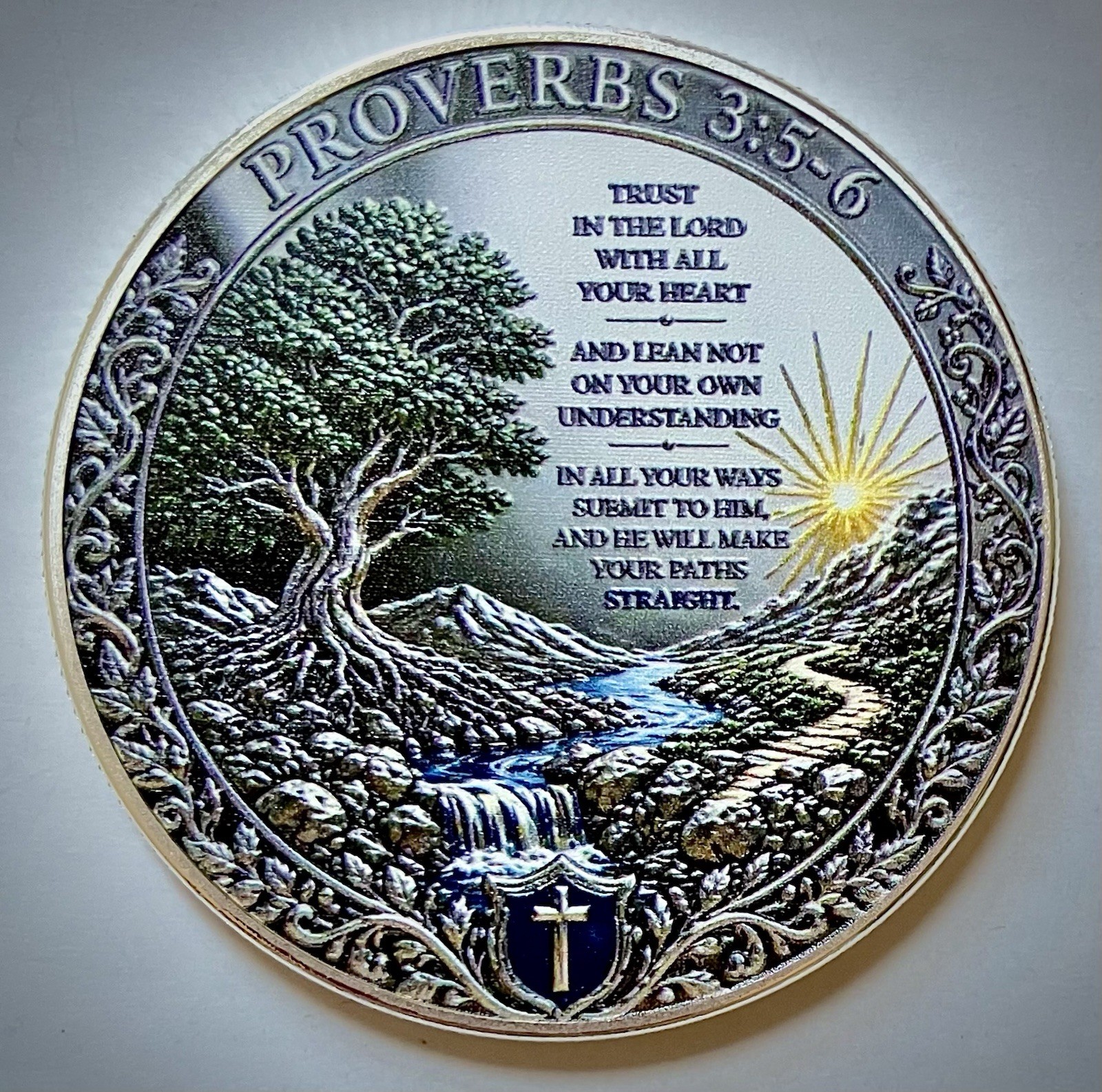 Proverbs 3:5-6 Challenge Coin-2D-Silver Colored-Matte Finish-New-Bible Verse