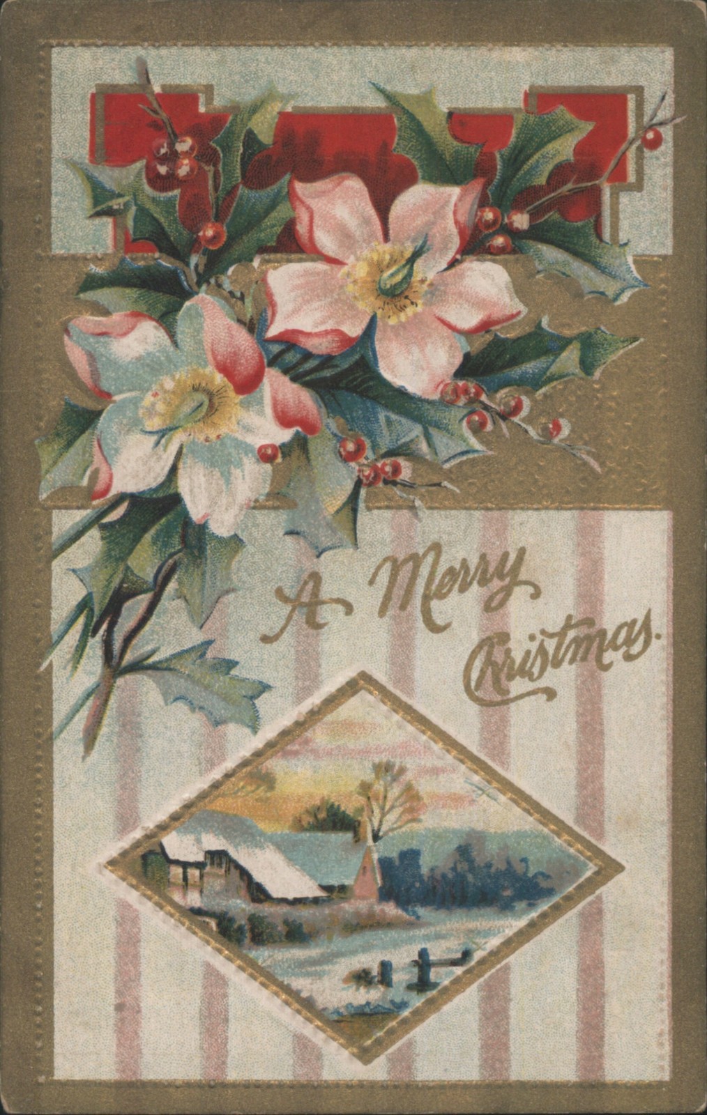 XMAS Merry Christmas Greeting with Flowers Winter Landscape Original Vintage