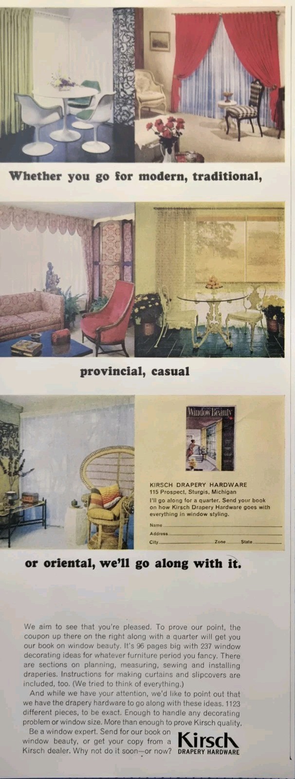 Kirsch Drapery Hardware Sturgis MI Modern Oriental Casual Vintage Print Ad 1963