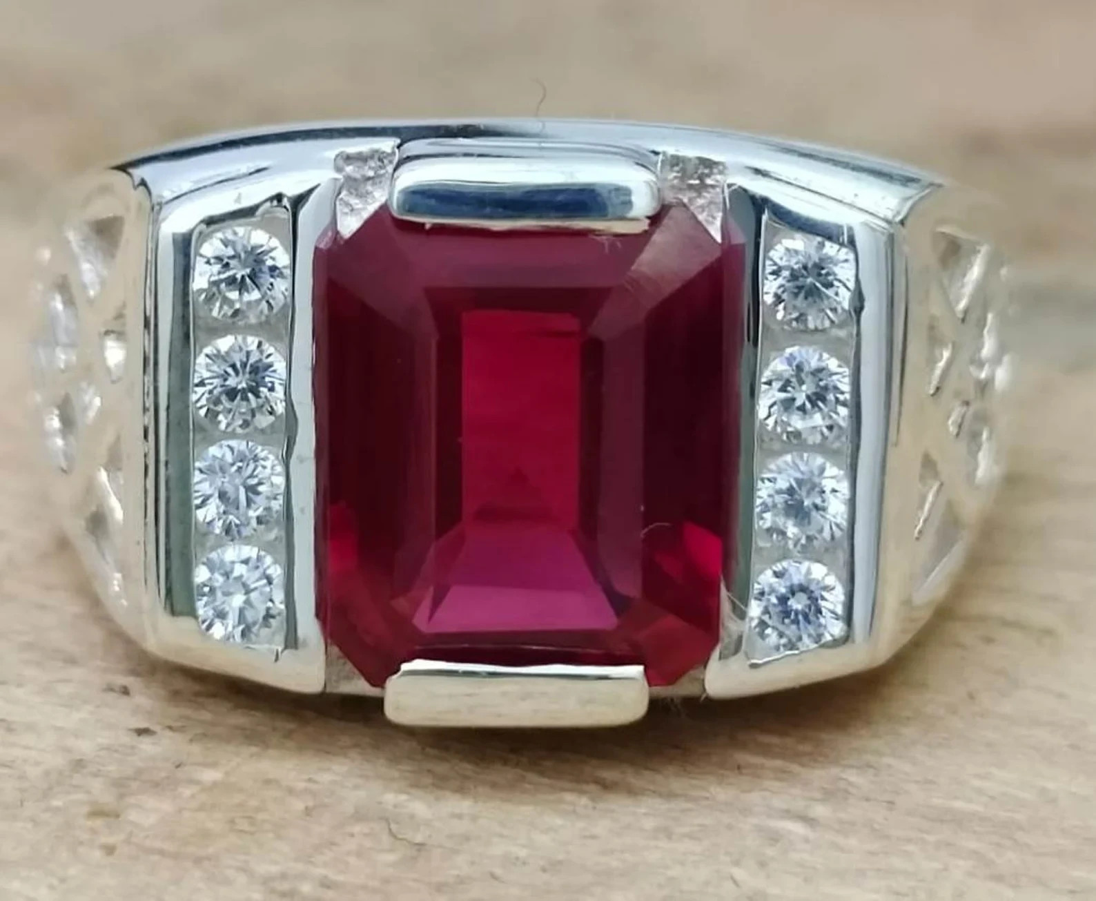 8.22ct Rectangle Red Ruby & Diamond 14K White Gold Over Men’s Signet Ring 8-17