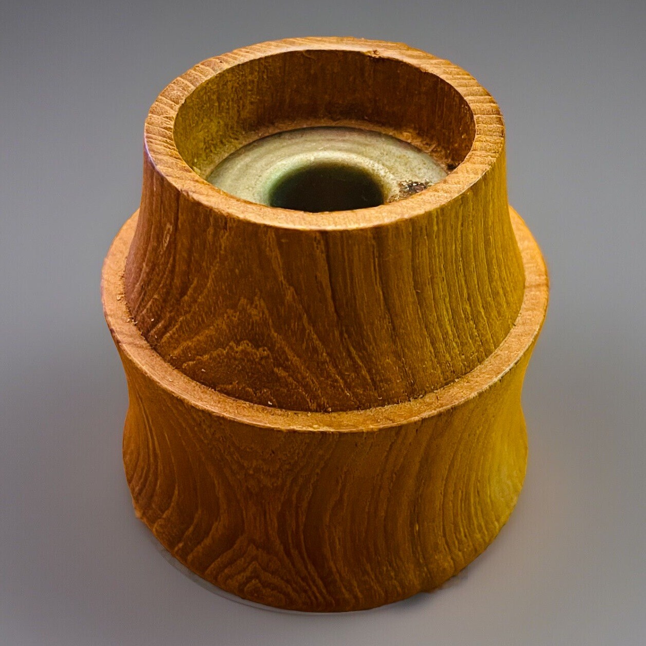 Teak Wood Candle Holder w/ Brass Insert by Dolphin Taiwan MCM Decor Vintage