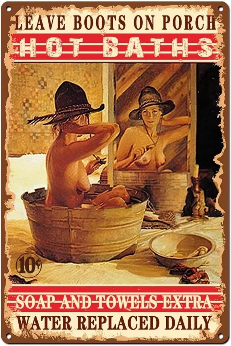 Hot Baths Country Western Old West Cowgirl Girl Tin Metal Signs Home Décor 8×12