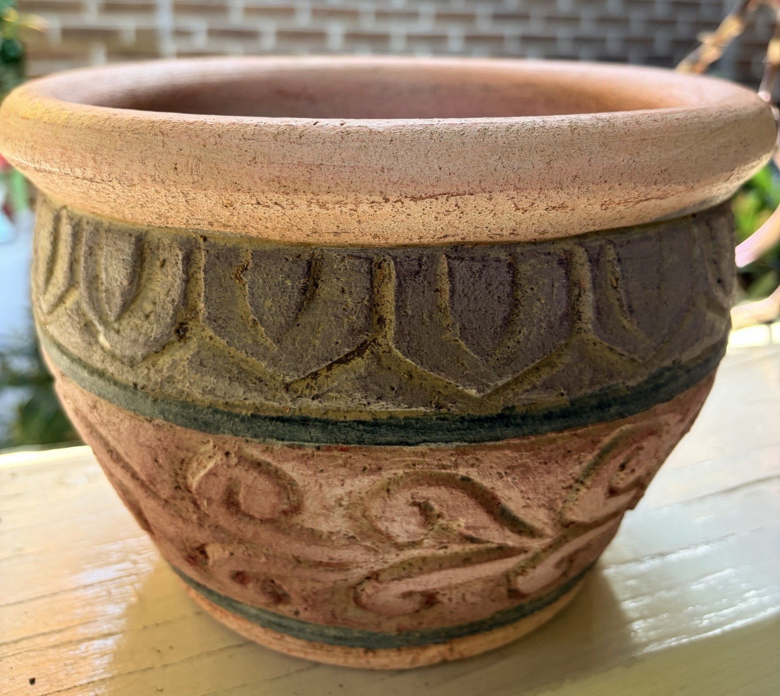 Rustic Carved & Soft Hues Matte Painted Clay 9×6.25” Thai Cachepot/No Drainage
