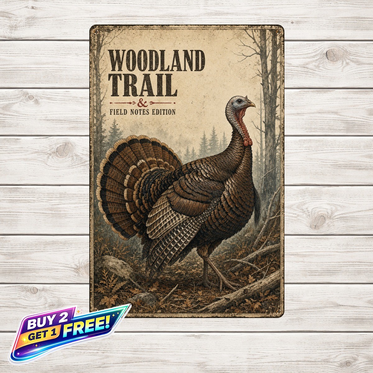 Wild Turkey Hunting Scene Tin Sign Rustic Woods Wall Art 8×12