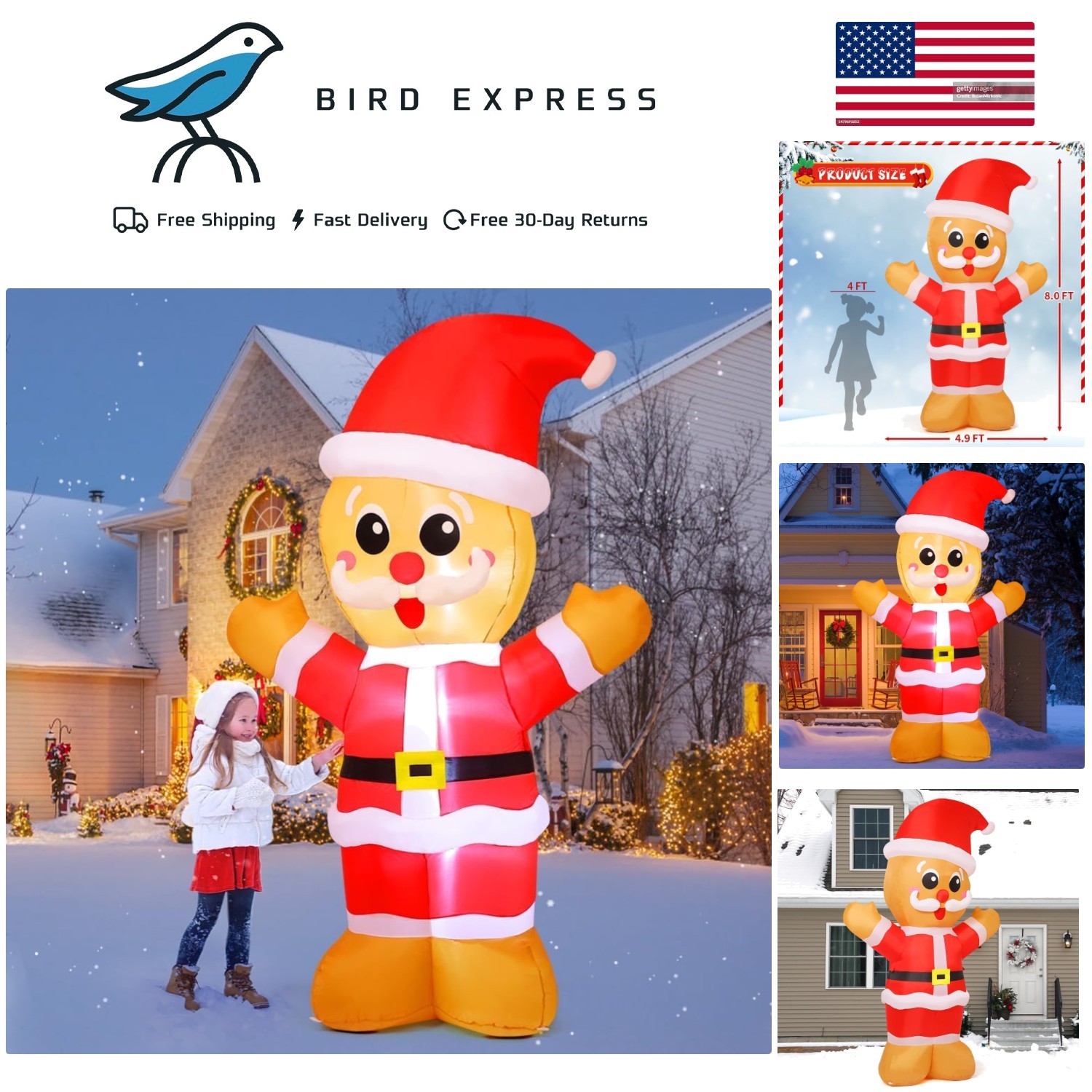 8FT Weather-Resistant Gingerbread Inflatable with LED Lights for Christmas