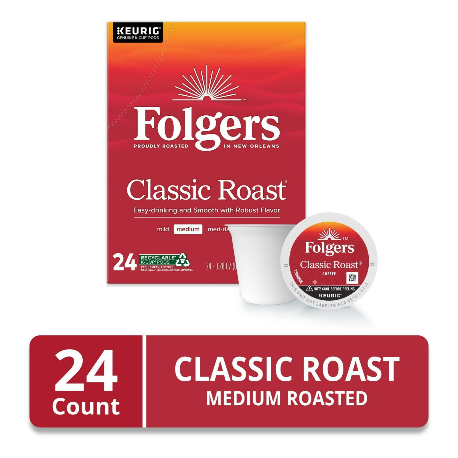 (4 pack) Folgers Classic Roast, Medium Roast Coffee, Keurig K Cup Pods, 24 Count