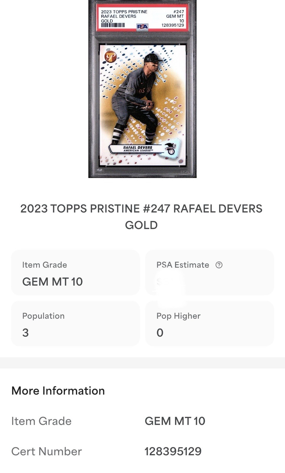 2023 Topps Pristine GOLD REFRACTOR Rafael Devers /50 Electric PSA 10 POP 3