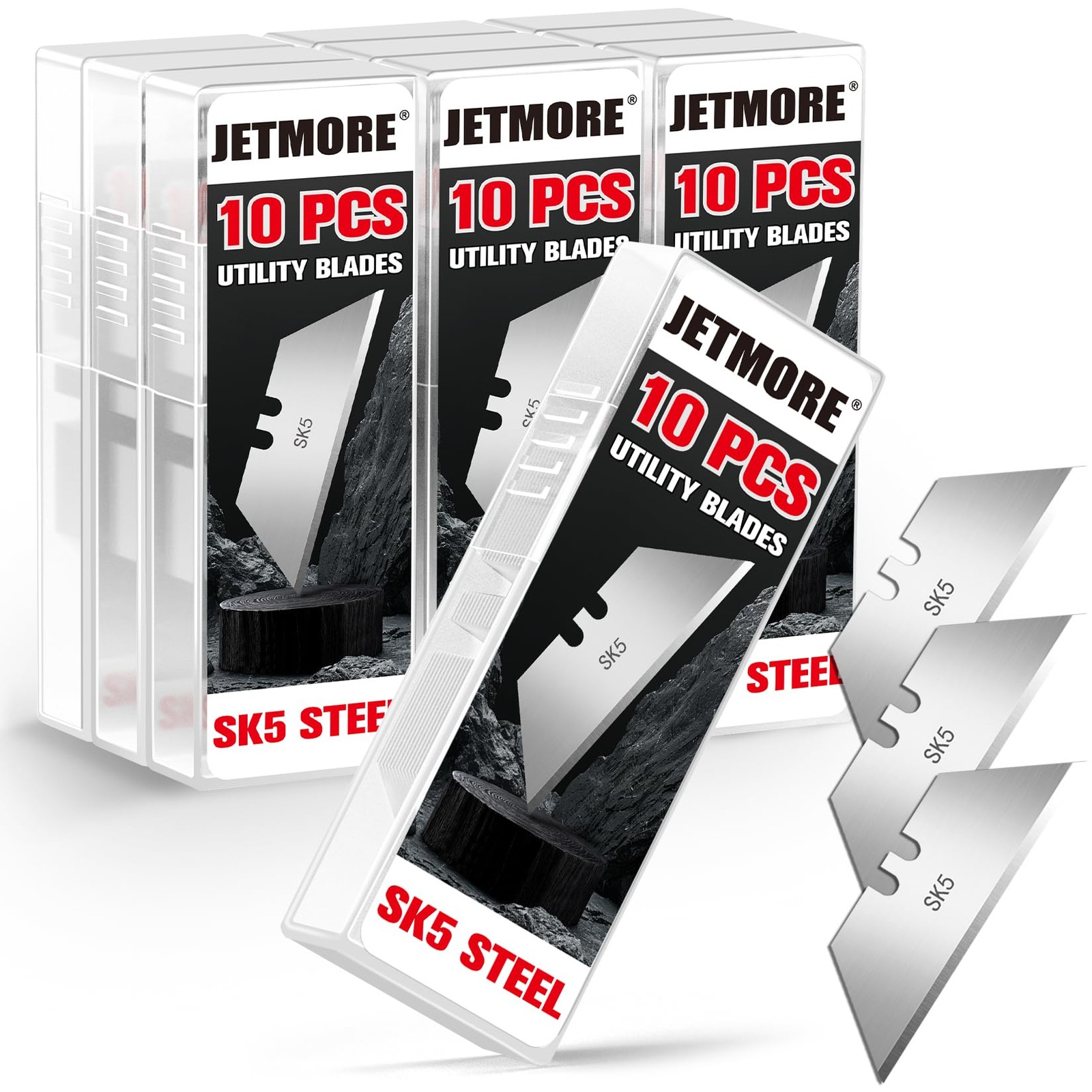JETMORE 100 Pack Utility Knife Blades, SK5 Steel Box Cutter 100 Pack, Silver