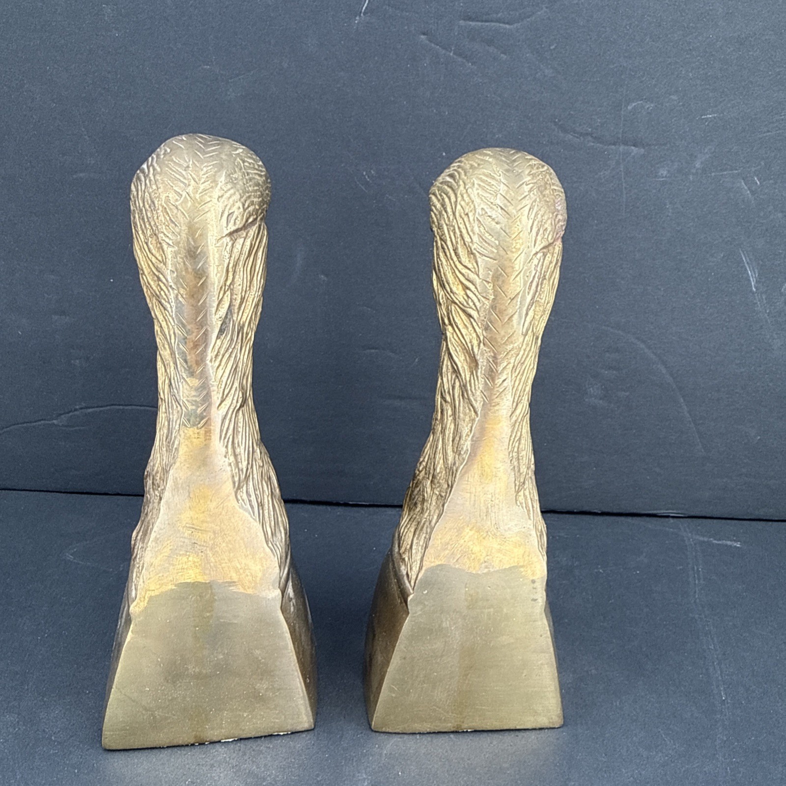 Vtg Solid Brass Bald Eagle Head Bookends Pair Americana Office Bird Library 6.5”