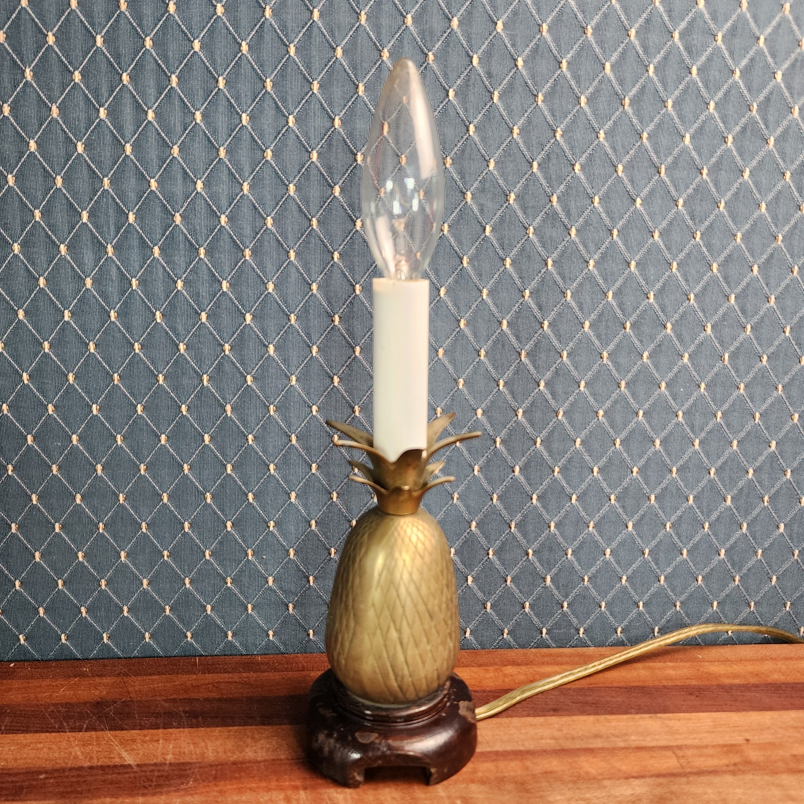 Vintage Mini Brass Pineapple Lamp Candlestick 8″ No Shade Chippy Finish