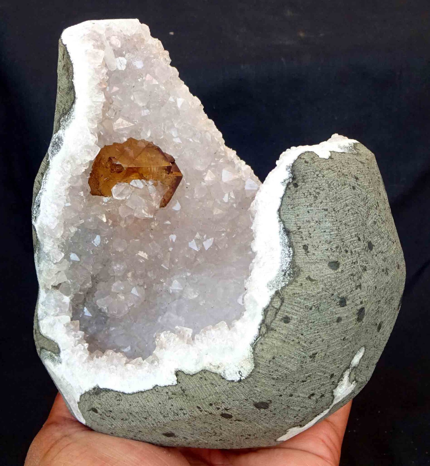 STUNNING CALCITE CLUSTERS IN LITE AMETHYST SEMI GEODE BASE # 863