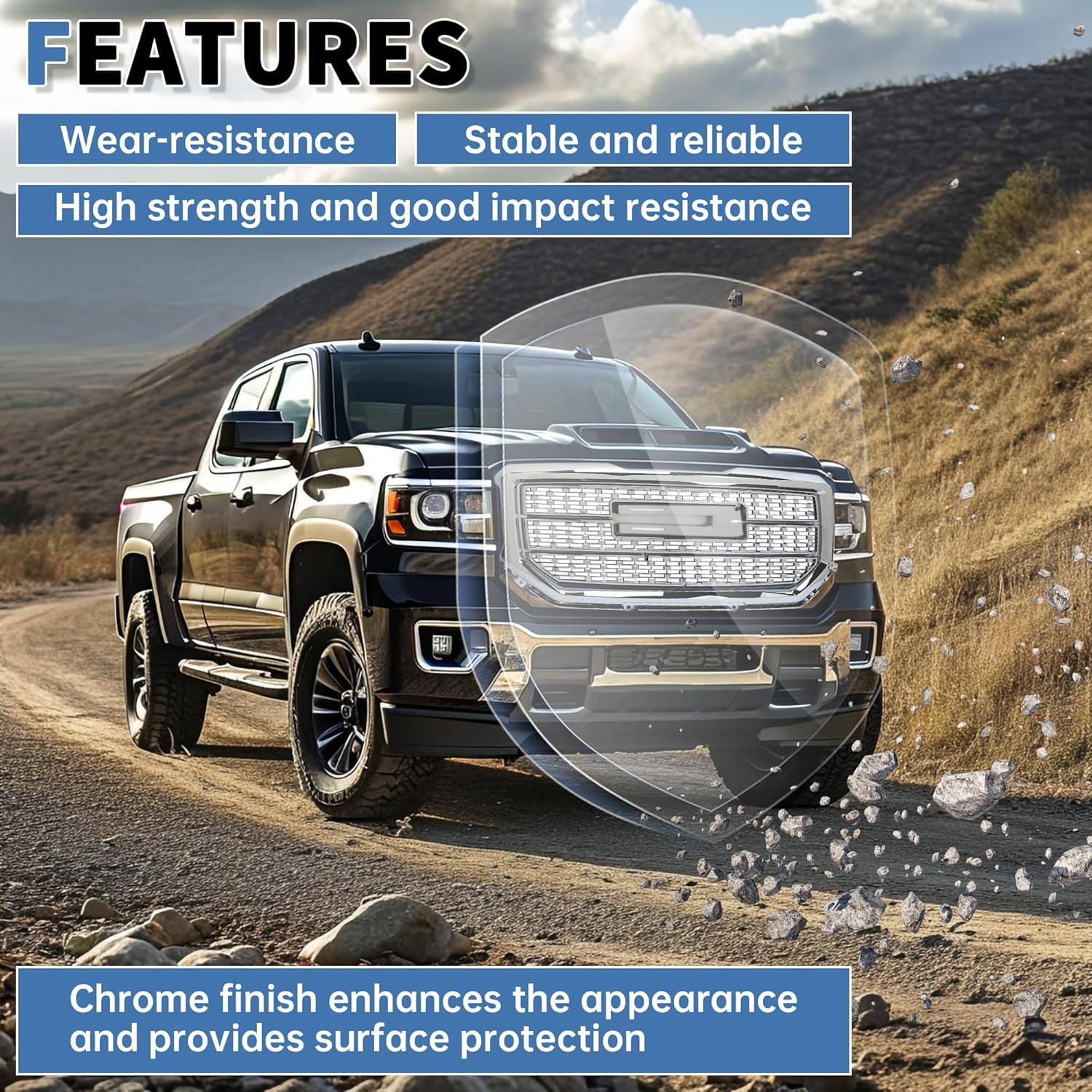 Front Upper Grille Compatible with 2016-2018 GMC Sierra 1500 Base SLE SLT Denali