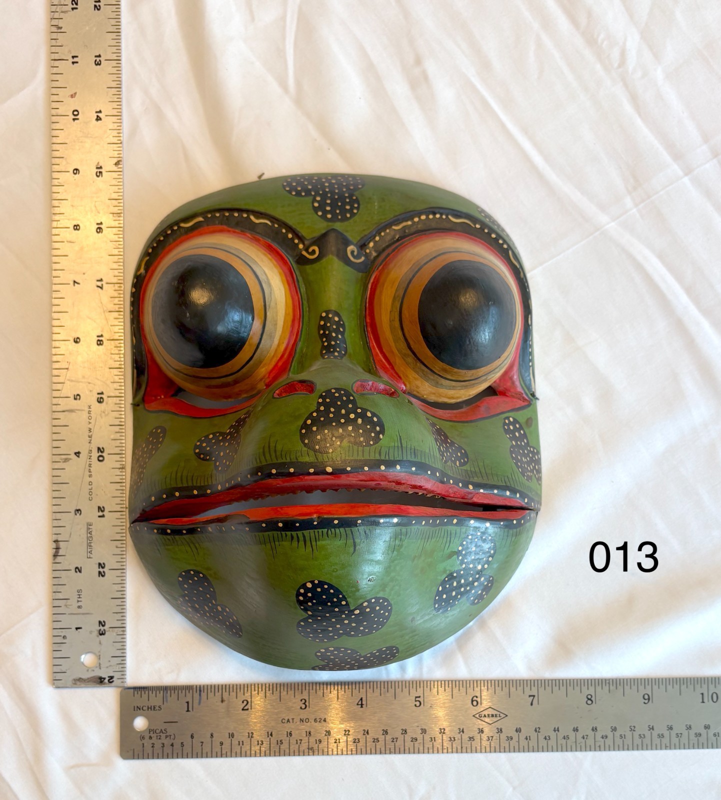 Vintage Balinese Carved Wood Frog Demon Mask Huge Bulging Eyes Green Folk Art